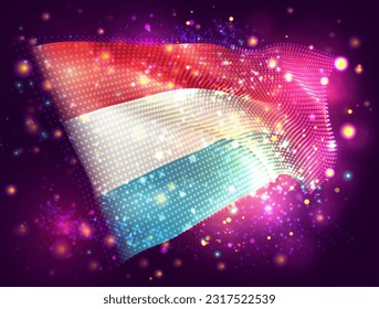 Luxemburgo, bandera vectorial 3d sobre fondo púrpura rosa con iluminación y bengalas