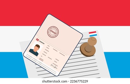 Luxembourg visa, open stamped passport with visa approved document for border crossing. Immigration visa concept. Background with Luxembourg flag. vector illustration