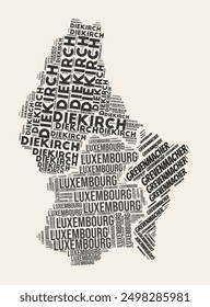 Luxembourg Word Cloud. Country with regions division. Luxembourg typographic text clouds vector image design. Vintage gazette style country shape image. Trending vector illustration.