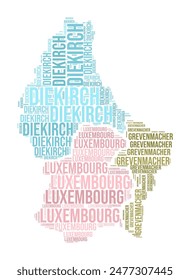 Luxembourg Word Cloud. Country shape with region division. Luxembourg typography style image. Region names tag clouds. Vector illustration.