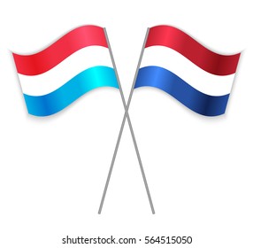 Luxembourgish and Dutch crossed flags. Luxembourg combined with Netherlands isolated on white. Language learning, international business or travel concept.