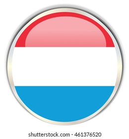Luxembourgish Flag. Glossy button with glare in bright round frame.