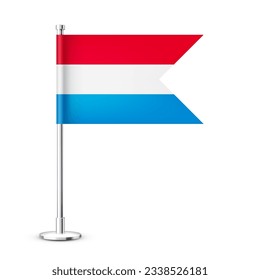 Luxembourgish table flag on a silver steel pole. Souvenir from Luxembourg. Desk flag made of paper or fabric, shiny metal stand. Mockup for promotion and advertising. Vector illustration