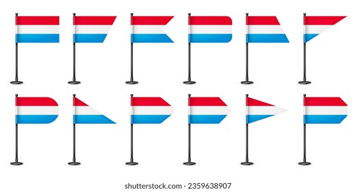 Luxembourgish table flags on a black steel pole. Souvenir from Luxembourg. Desk flag made of paper or fabric, shiny metal stand. Mockup for promotion and advertising. Vector illustration