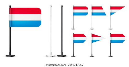 Luxembourgish table flags on a black steel pole. Souvenir from Luxembourg. Desk flag made of paper or fabric, shiny metal stand. Mockup for promotion and advertising. Vector illustration