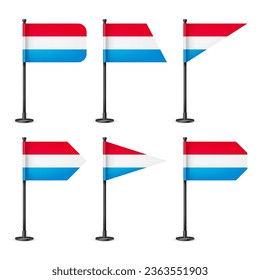 Luxembourgish table flags on a black steel pole. Souvenir from Luxembourg. Desk flag made of paper or fabric, shiny metal stand. Mockup for promotion and advertising. Vector illustration