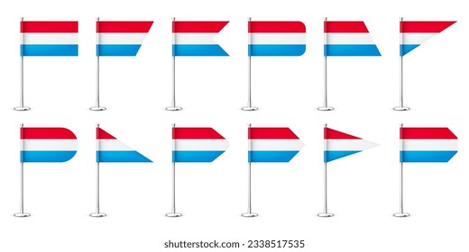Luxembourgish table flags on a silver steel pole. Souvenir from Luxembourg. Desk flag made of paper or fabric, shiny metal stand. Mockup for promotion and advertising. Vector illustration
