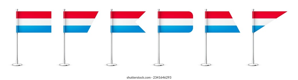 Luxembourgish table flags on a silver steel pole. Souvenir from Luxembourg. Desk flag made of paper or fabric, shiny metal stand. Mockup for promotion and advertising. Vector illustration
