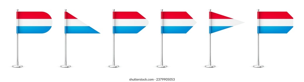 Luxembourgish table flags on a silver steel pole. Souvenir from Luxembourg. Desk flag made of paper or fabric, shiny metal stand. Mockup for promotion and advertising. Vector illustration