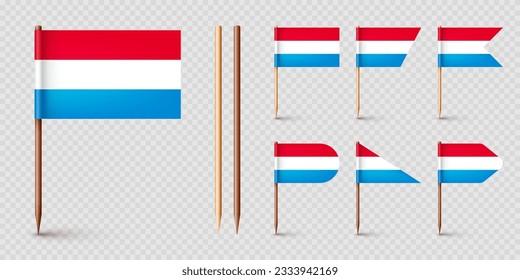 Luxembourgish toothpick flags. Souvenir from Luxembourg. Wooden toothpicks with paper flag. Location mark, map pointer. Blank mockup for advertising and promotions. Vector illustration