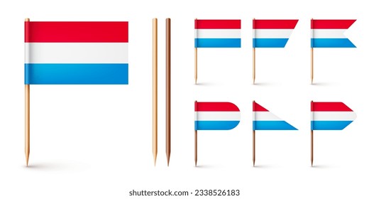 Banderas de bienvenida luxemburguesas. Un recuerdo de Luxemburgo. Muelles de madera con bandera de papel. Marca de ubicación, puntero de mapa. Burla en blanco para publicidad y promociones. Ilustración del vector