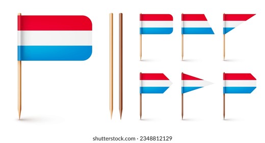 Luxembourgish toothpick flags. Souvenir from Luxembourg. Wooden toothpicks with paper flag. Location mark, map pointer. Blank mockup for advertising and promotions. Vector illustration