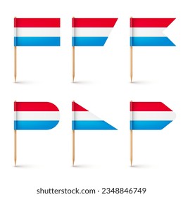 Luxembourgish toothpick flags. Souvenir from Luxembourg. Wooden toothpicks with paper flag. Location mark, map pointer. Blank mockup for advertising and promotions. Vector illustration