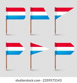 Luxembourgish toothpick flags. Souvenir from Luxembourg. Wooden toothpicks with paper flag. Location mark, map pointer. Blank mockup for advertising and promotions. Vector illustration