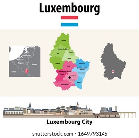 Luxemourg regions map colored by distrcits. Luxembourg City skyline. Vector illustration