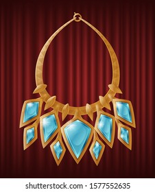 Luxirious golden necklece with multiple diamond shape gemstones. Accessory decorated by blue precious stone, made of gold, gorget necklet collar with brilliants