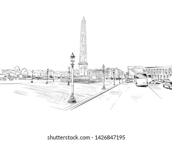 Luxor Obelisk. Place de la Concorde.  Paris, France. Urban sketch. Hand drawn vector illustration