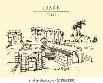 Luxor temple, Luxor, Egypt. Ancient Egyptian temple complex on the Nile River in ancient city of Thebes. Amenhotep's colonnade. Hand drawn touristic postcard, poster or book illustration in vector