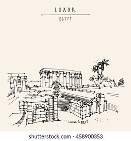 Luxor temple, Egypt. Ancient Egyptian temple complex on the Nile River in ancient city of Thebes. Amenhotep's colonnade/ Handdrawn touristic postcard, poster or book illustration in vector