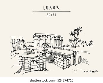 Luxor temple, Egypt. Ancient Egyptian temple complex on the Nile River in ancient city of Thebes. Amenhotep's colonnade/ Handdrawn touristic postcard, poster or book illustration in vector