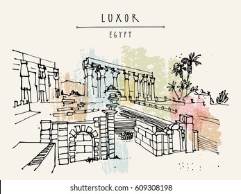 Luxor temple, Luxor, Egypt. Ancient Egyptian temple complex on the Nile River in ancient city of Thebes. Amenhotep's colonnade. Hand drawn touristic postcard, poster or book illustration in vector