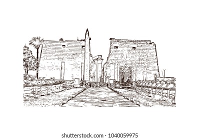 Luxor Temple is a large Ancient Egyptian temple complex located on the east bank of the Nile River in the city today known as Luxor. Hand drawn sketch illustration in vector.