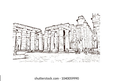 Luxor Temple is a large Ancient Egyptian temple complex located on the east bank of the Nile River in the city today known as Luxor. Hand drawn sketch illustration in vector.