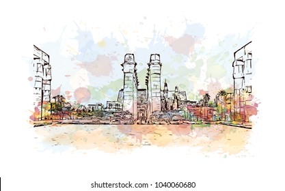 Luxor Temple is a large Ancient Egyptian temple complex located on the east bank of the Nile River in the city today known as Luxor. Watercolor splash with Hand drawn sketch illustration in vector.