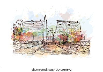 Luxor Temple is a large Ancient Egyptian temple complex located on the east bank of the Nile River in the city today known as Luxor. Watercolor splash with Hand drawn sketch illustration in vector.