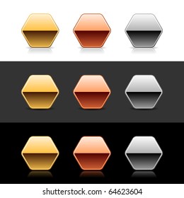 Luxory metal hexagon sign web 2.0 buttons with shadow and reflection on white, gray, and black