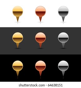 Luxory metal round map pin web 2.0 buttons with shadow and reflection on white, gray and black