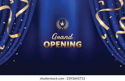 Luxry grand opening blue background with gold ribbon and curtain. Modern elegant promotional design.