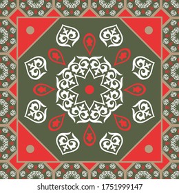 Luxuri template for your design with ornamental elements and motifs of Kazakh, Kyrgyz, Tatar national Asian decor for packing,  banner, flyer and print design. Workpiece for your design. Mandala.