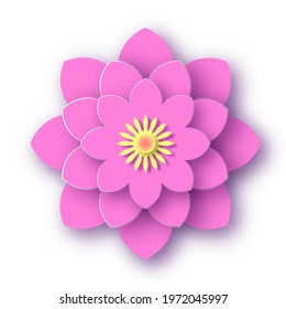 Luxuriant flower on white surface isolated. Pink blooming peony with yellow core and delicate fragrant petals brightly unraveling in warm vector summer.