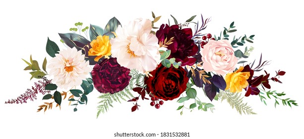 Luxurios autumn vector design banner bouquet. Yellow flowers, white and burgundy red peony, red carnation, blush pink ranunculus, greenery, fall plants, ivory dahlia, berry. Isolated and editable.