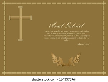 Luxurios obituary with golden elements on dark golden background, simply gold cross and laurel branche. Vector design