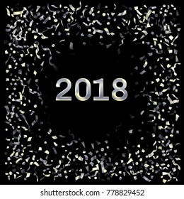 Luxurious 2018 New Year card with silver falling confetti and streamers. Foil metallic glitter confetti tinsels falling background, 2018 greeting card, poster or party invitation graphic design.