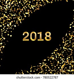 Luxurious 2018 New Year card with gold falling confetti and streamers. Foil texture gold glitter confetti tinsels falling background, 2018 greeting card, poster or party invitation template design.