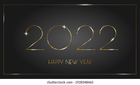 Luxurious 2022 Happy New Year elegant design bounded by an elegant golden frame. Vector illustration of 2022 gold glittering numbers logo on a black background - perfect typography for 2022. Vector il