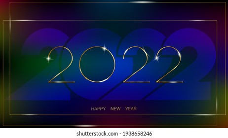 Luxurious 2022 Happy New Year elegant design bounded by an elegant golden frame. Vector illustration of 2021 gold glittering numbers logo on a black background - perfect typography for 2022. Vector 