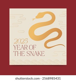 A luxurious 2025 Chinese New Year square Year of the Snake card, graceful gold snake design with oriental clouds. Minimalist and elegant, perfect for greeting cards, social media, or premium posters.