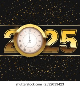 Luxurious 2025 New Year Countdown with Clock and Gold Elements. Vector illustration