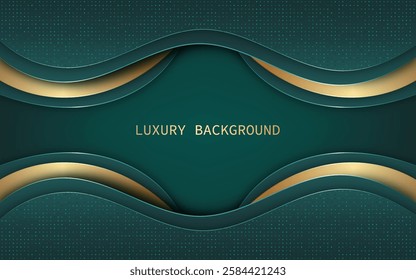 Luxurious 3d  abstract background with a curved dark green and elegant gold combination.  Vector illustration