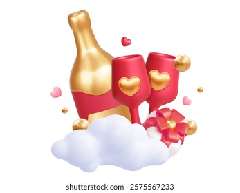 A luxurious 3D celebration set featuring a champagne bottle, glasses with golden hearts, a gift box, and fluffy clouds. Ideal for festive designs, romantic events, or holiday decorations.