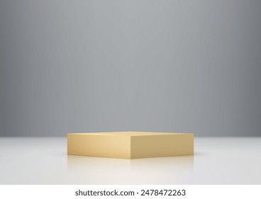Luxurious 3D Gold Box Podium on White Surface with Gray Background for Elegant Product Display and Mockup