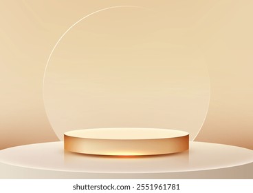 Luxo pódio dourado 3D com luz brilhante fica em uma plataforma branca, circular transparente e um fundo bege. Modelos, expositores de produtos e design moderno