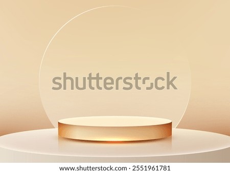 Luxurious 3D golden podium with glowing light sits on a white platform, transparent circular and a beige background. Mockups, product displays, and modern design