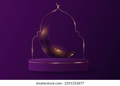 Luxurious 3d podium with glowing month of islamic ornament for Ramadan Kareem. Podium with shiny golden arc. Vector illustration. EPS 10