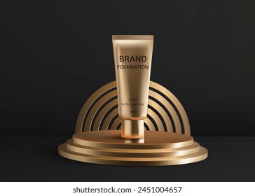 A luxurious 3D podium in golden tones presents a foundation cream golden tube, ideal for showcasing beauty products. Its modern design and elegant presentation, perfect for advertising. Not AI.