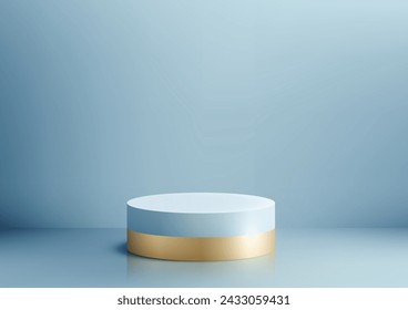 Luxuriöses 3D Podium Mockup. Mit einem blau-goldenen Design auf einem weichen blauen Hintergrund ist diese minimalistische Szene perfekt für die Präsentation von Schmuck, Kosmetik und mehr. Vektorgrafik